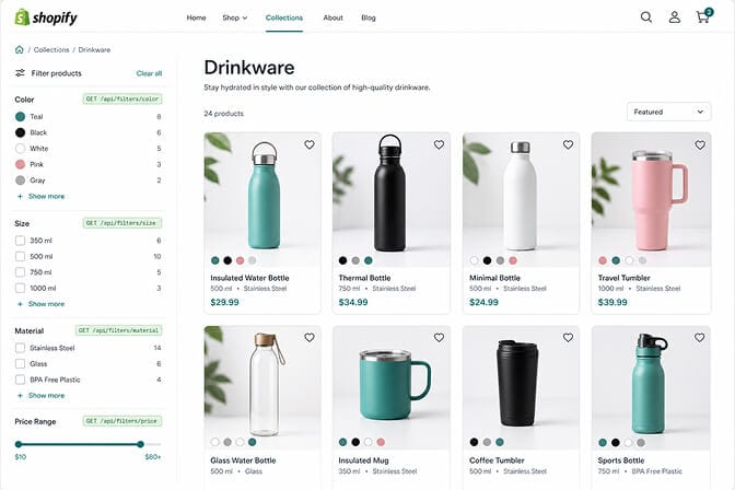 Desktop Shopify collection page filter sidebar with categories like Color, Size, Material, Price Range labeled with API endpoint badges