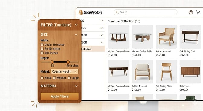 Shopify filter sidebar for furniture showing width and height ranges in inches alongside category labels like counter height and bar height instead of just generic size labels