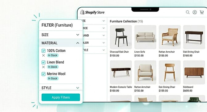 Shopify filter sidebar with the Cashmere option faded and crossed out because inventory is sold out while in-stock material options remain prominent
