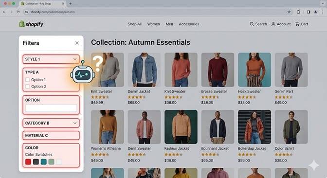 Split view of a Shopify filter sidebar with one side showing what a human shopper sees as visual UI and the other side showing the machine-readable attribute data an AI agent parses from the same sidebar