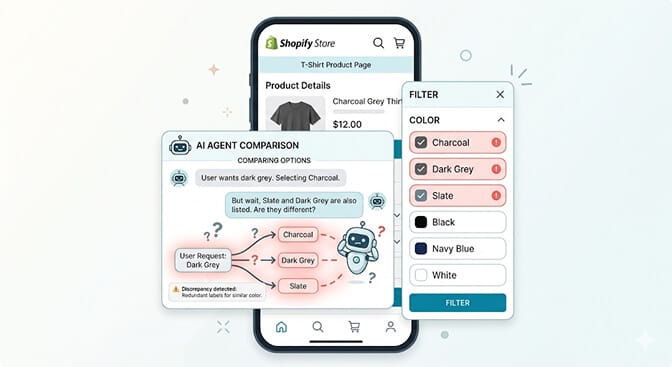 Diagram showing four common Shopify filter failure modes generic color values, missing size and dimension filters, no material filters, and static inventory filters with red warning indicators on each