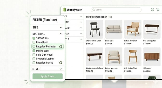 Shopify filter sidebar with a Material group showing checkboxes for solid wood, engineered wood, metal frame, upholstered, with sustainability badges next to relevant options
