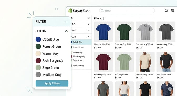 Shopify filter sidebar showing a standardized color vocabulary with eight color families each expanded into specific named variations like cobalt navy and powder blue