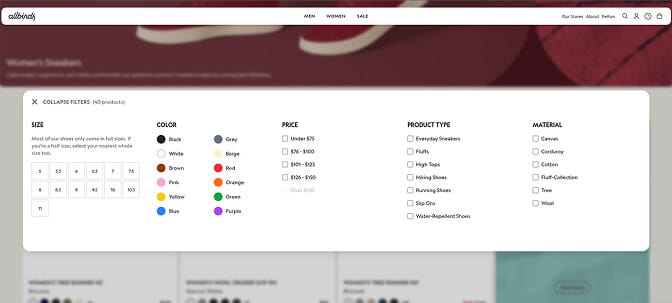 Allbirds minimal filter design with size and color options