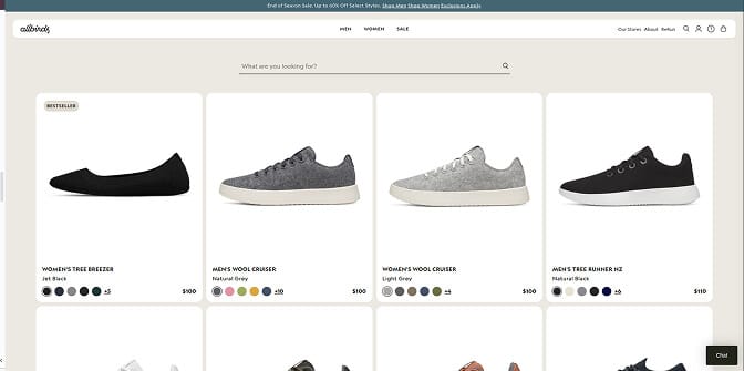 Allbirds search bar with conversational microcopy