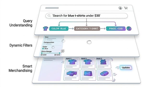 Three layers of automated search for Shopify: query understanding, dynamic filtering, and search-driven merchandising