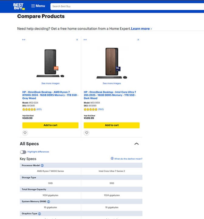 Best Buy comparison-enabling filters for electronics products