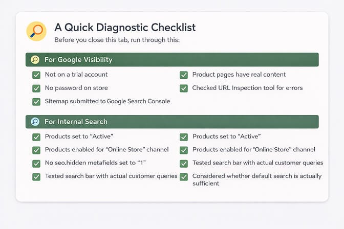 Diagnostic checklist for fixing Shopify store visibility issues