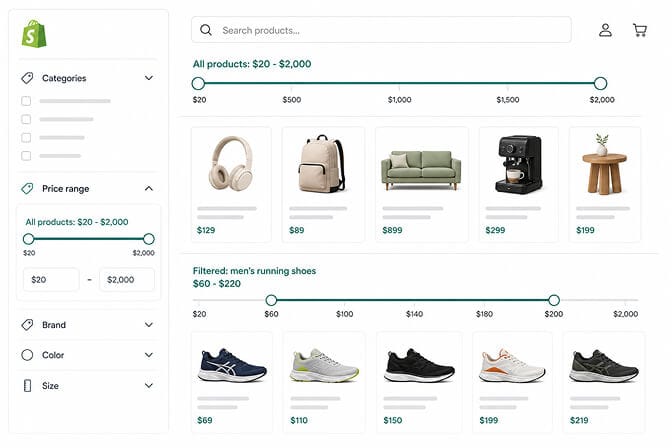 Two price range sliders stacked, the top showing all products from twenty to two thousand dollars and the bottom showing filtered men's running shoes auto-adjusted to sixty to two twenty