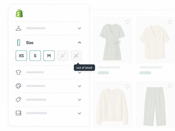 Shopify fashion filter sidebar showing size options with sold-out L and XL faded out and crossed through while in-stock sizes remain prominent