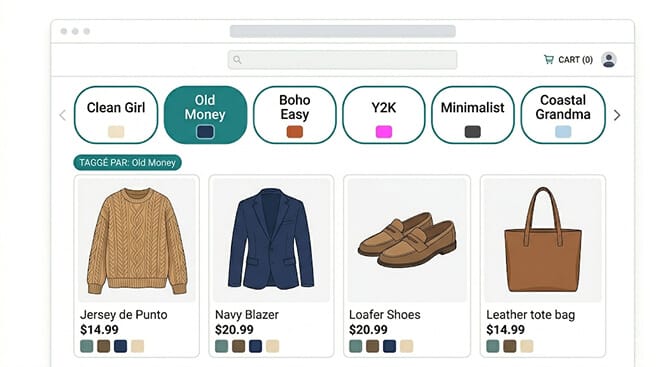 Mobile Shopify storefront showing a horizontally scrolling row of aesthetic chips labeled Clean Girl, Old Money, Coastal Grandma, Boho Easy, and Quiet Luxury above a product grid, illustrating culture-native style vocabulary used as primary filters