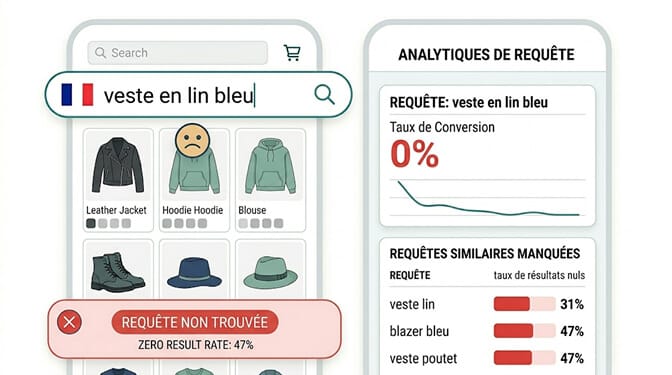 Split illustration of a customer thinking comfortable airport outfit on the left and a Shopify filter sidebar on the right showing Color Size Material and Price checkboxes, with a broken arrow between the two representing the translation gap between human shopping intent and attribute filter language