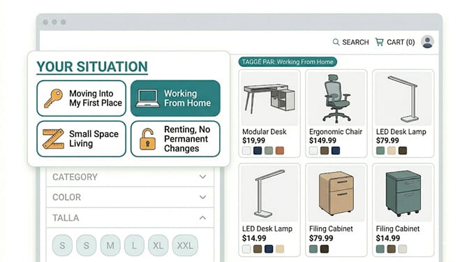 Home goods Shopify storefront with context filter cards reading My First Apartment, Small Home Office Corner, and Renter-Friendly No Drilling, each card collapsing a wide catalog into a curated set of situation-appropriate products