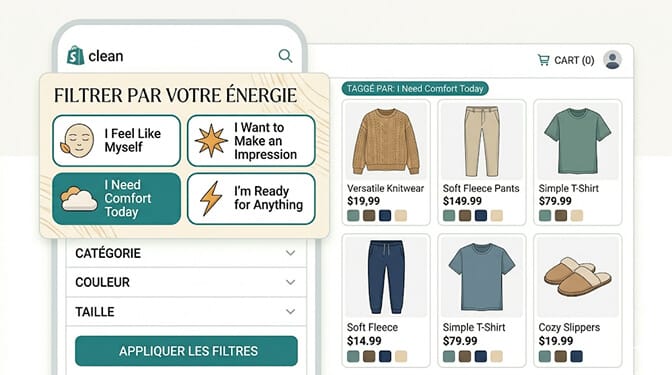 Mood-board style Shopify filter row featuring emotional state cards labeled I Feel Like Myself, I Want to Make an Impression, I Need Comfort Today, and I'm Ready for Anything, each mapped to a curated set of products matching that feeling