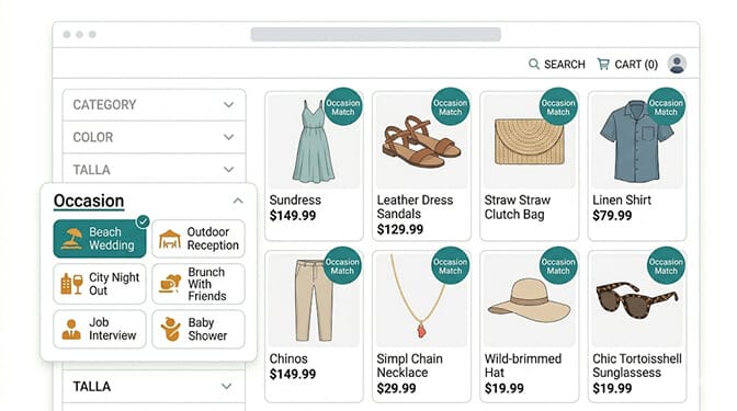 Calendar-style filter panel on a Shopify storefront displaying occasion tiles for Beach Wedding, Outdoor Reception, City Night Out, Brunch With Friends, Baby Shower, Job Interview, and First Date, each tile narrowing the catalog to event-appropriate products