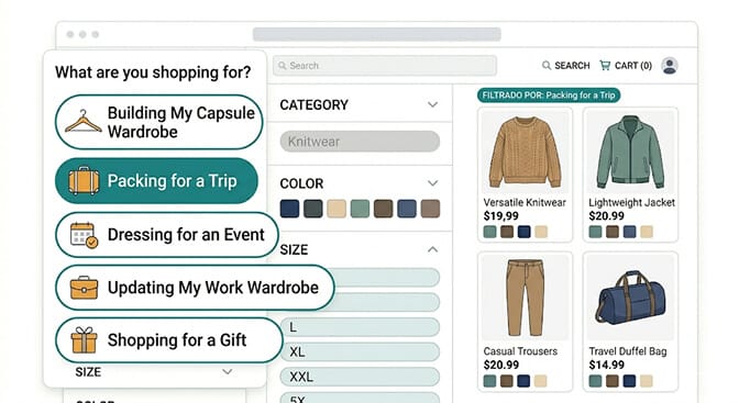 Shopify collection page header featuring a row of mission filter cards labeled Building My Capsule Wardrobe, Packing for a Trip, Dressing for an Event, Updating My Work Wardrobe, and Shopping for a Gift, each routing to a curated product subset before any attribute decisions