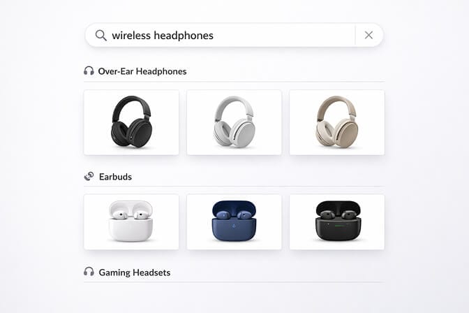 Federated search pulling results from multiple product categories for a single wireless headphones query
