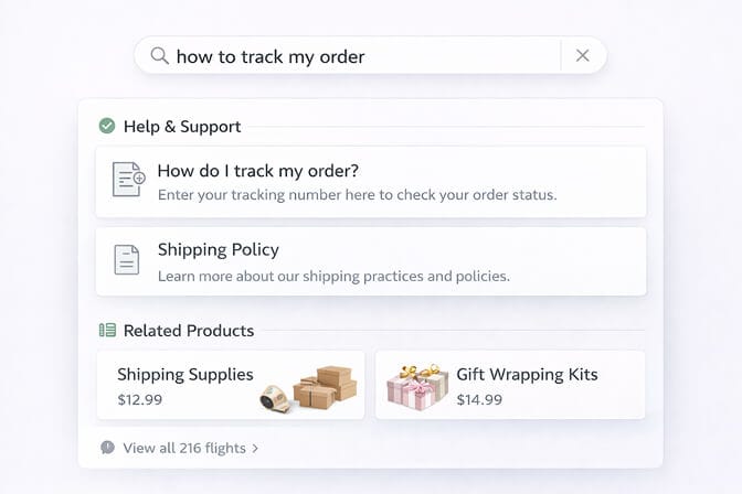 Federated search combining customer support articles and product results in one search view