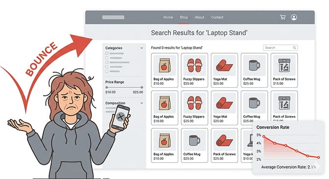 Illustration showing how generic search drives Shopify customers away