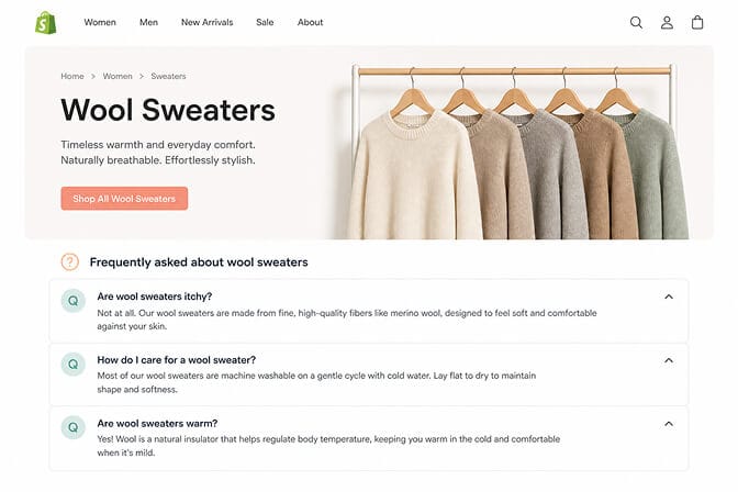 Shopify fashion category page with a frequently asked about wool sweaters section showing three questions and answers below the page hero