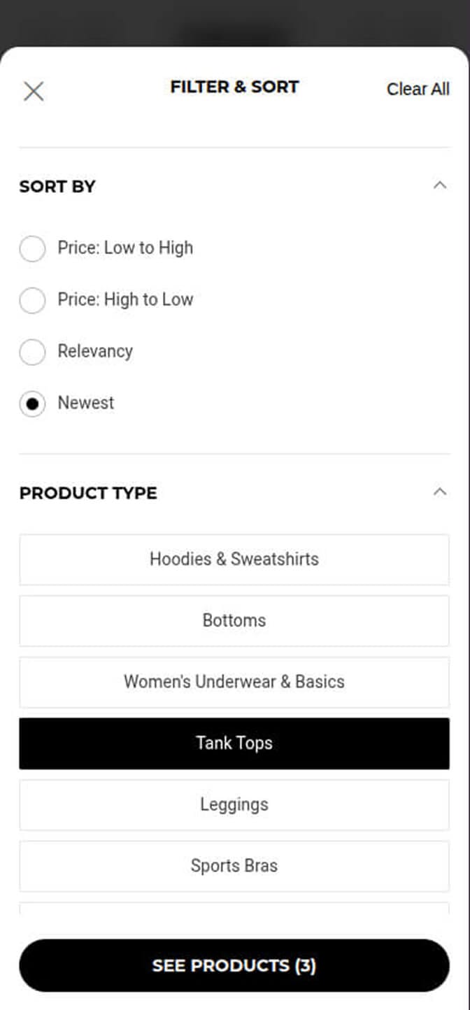 Gymshark mobile-first filter design with full-screen modal