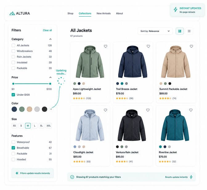 Desktop ecommerce collection page in a modern JS framework with a filter sidebar showing smooth animations and a product grid updating live without page reload and an instant updates badge