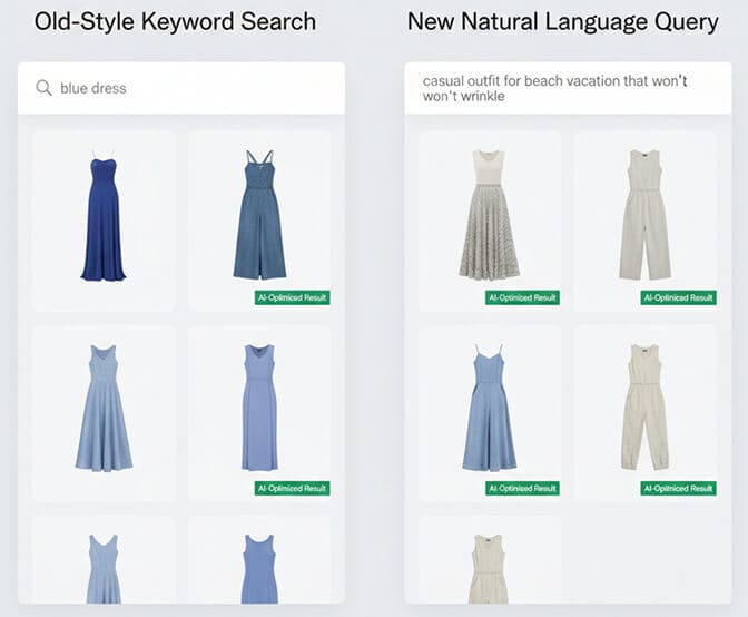 Side-by-side comparison showing old-style keyword search versus new natural language query for casual outfit