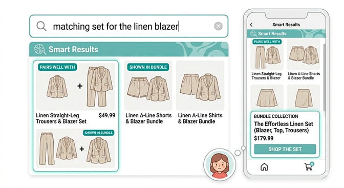 Shopify product detail page showing a featured blazer with a Pairs With section below displaying matching trousers and complementary pieces from the same livestream styling moment