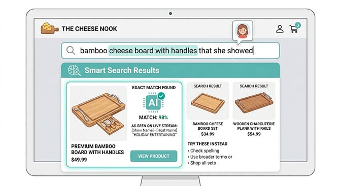 Shopify search bar with a long natural language query the flowy blue thing she wore in the garden demo being parsed into product attributes and returning the correct flowing blue dress product