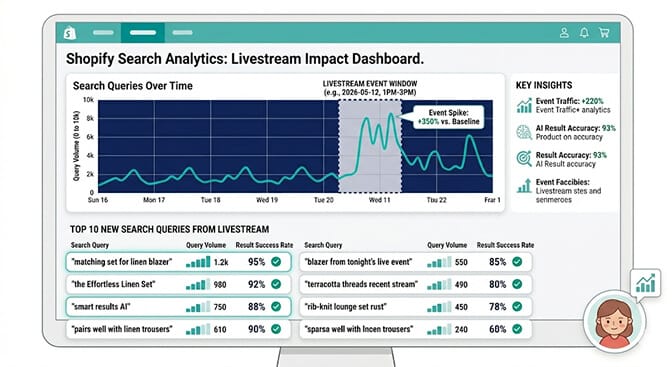 Timeline chart showing post-livestream search traffic spiking on the event day and continuing in smaller waves for weeks afterward as the recorded stream keeps driving evergreen Google traffic