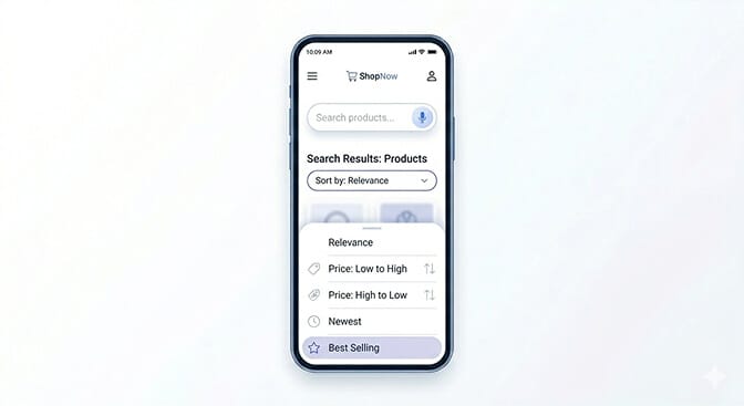Bottom-sheet contextual sort controls sliding up on a Shopify mobile search results page