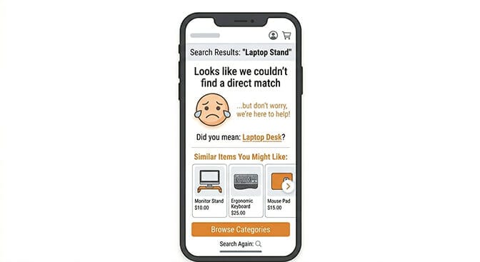 No results recovery flow showing spell correction, related products, and category links on mobile