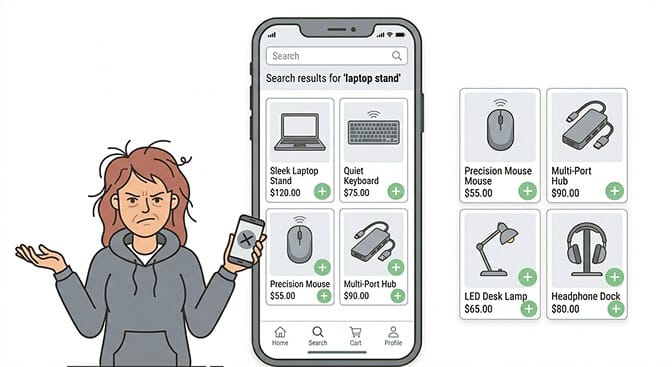 Quick-add buttons on product cards inside mobile Shopify search results