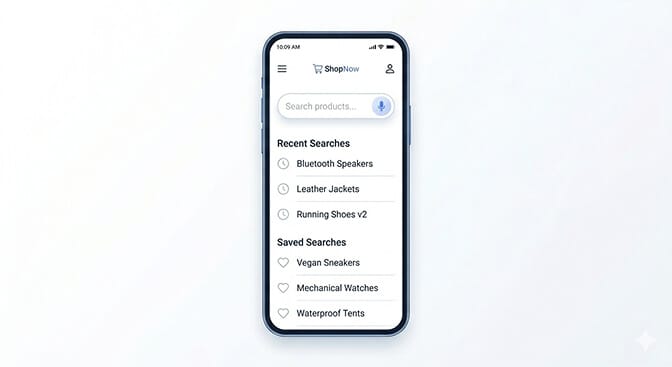 Recent and saved search list appearing when a shopper taps the Shopify mobile search bar