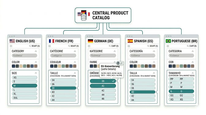 Architecture diagram with one central Shopify product catalog connected to four labeled layers, semantic search index, language-aware synonym dictionaries, translated product attributes, and market-convention filter display, each feeding separate German French Spanish and English market storefronts