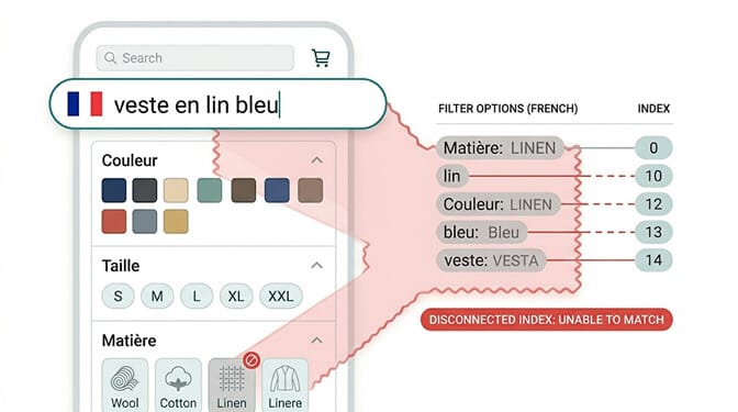 Split screen of a French Shopify storefront where the Coton filter chip on the left correctly returns results while a search bar query for coton on the right returns zero results, illustrating the filter-to-search vocabulary mismatch