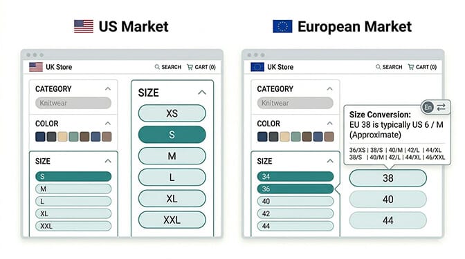 Filter sidebar shown twice side by side, US version with size chips XS S M L XL and temperature in Fahrenheit on the left, EU version with size chips 34 36 38 40 and temperature in Celsius on the right, both sourced from the same underlying product data