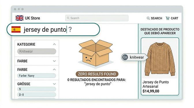 World map highlighting Spain Mexico Argentina and Colombia each labeled with a different regional Spanish word for the same sweater product, jersey suéter pulóver and chompa, with arrows showing how a single catalog vocabulary fails to match all of them