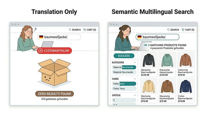Side-by-side comparison of a Shopify product page with German display labels but an English search index returning zero results for a native German query, next to a fully localized version where the search index also speaks German and surfaces the matching products