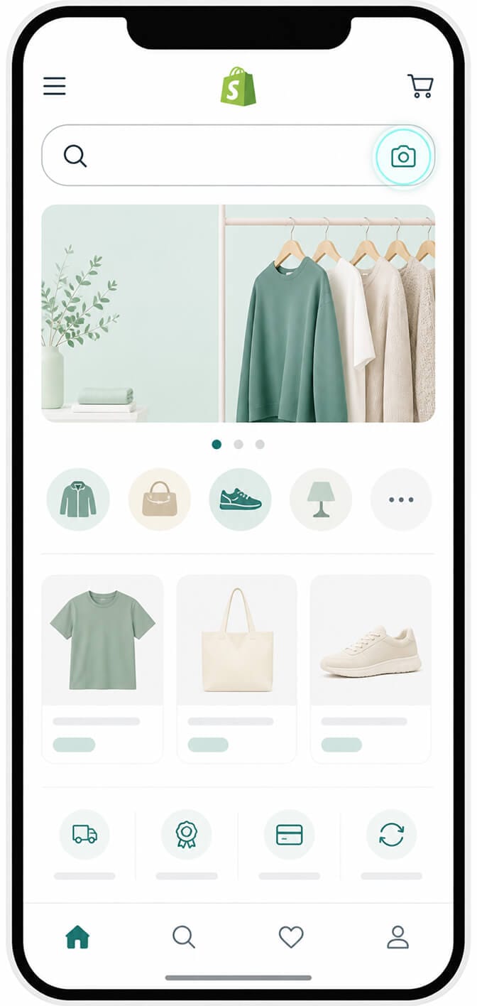 Mobile Shopify storefront search bar showing both a magnifying glass and a camera icon for visual search input