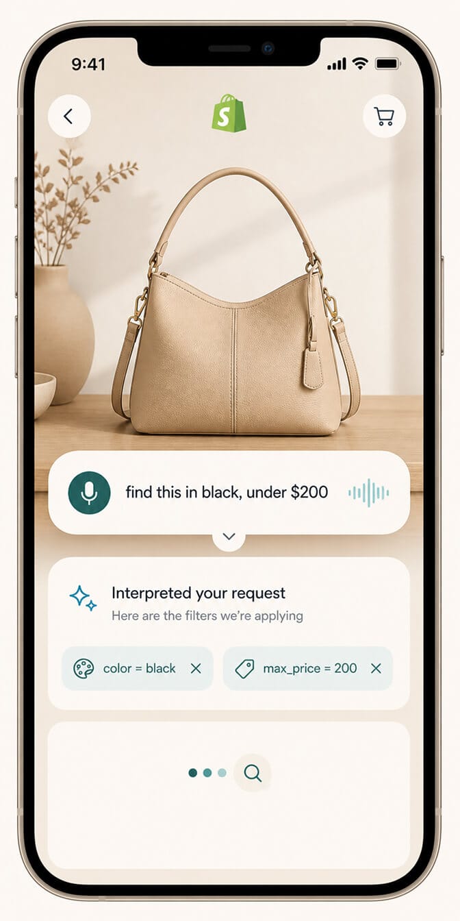 Smartphone showing a beige leather handbag photo with a voice refinement query find this in black under two hundred dollars being parsed into filter tags