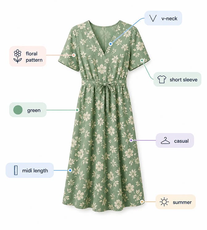 Green floral midi dress product image surrounded by floating attribute labels for length, pattern, color, neckline, sleeve, occasion, and season