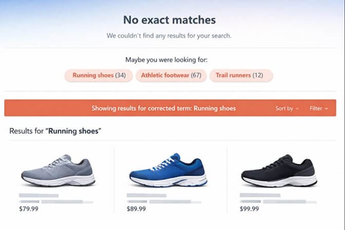 Search page suggesting alternative search terms like running shoes and athletic footwear with result counts