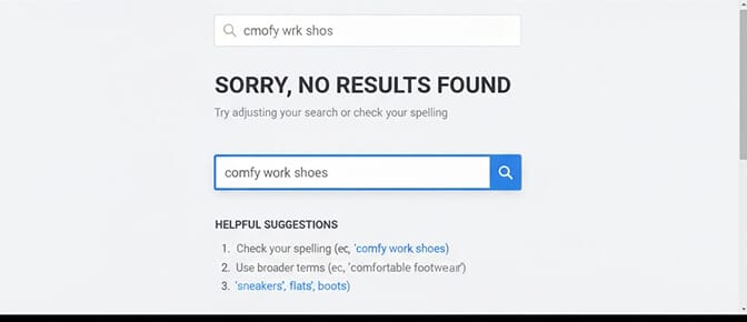 Screenshot showing a no results page with the search query displayed in an editable field accompanied by helpful suggestions