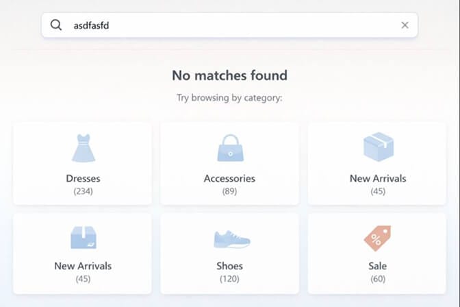 No results page featuring product category links with visual icons to guide customers to browse collections