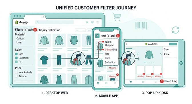 One Shopify brand experienced across four channels desktop web, mobile web, mobile app, and pop-up POS with each surface showing a slightly different filter configuration and a returning customer figure moving between them noticing the inconsistencies