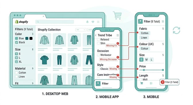Side-by-side comparison of a Shopify desktop filter sidebar with a complete set of categories and a mobile filter panel missing the occasion and material filters with a red callout highlighting the gap