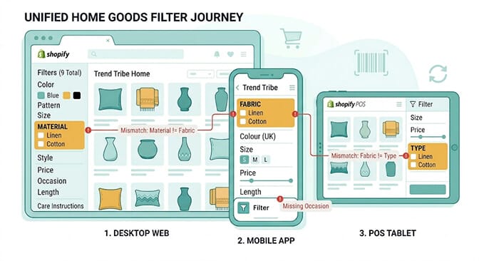 Three filter labels side by side reading Material on desktop, Fabric on a mobile app, and Type on a POS device with arrows pointing to the same underlying product attribute and a note saying pick one term and use it everywhere
