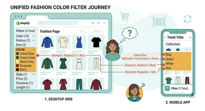 Comparison of a desktop color filter showing specific options Cobalt Blue, Forest Green, Warm Ivory, Burgundy next to a mobile color filter showing simplified options Blue, Green, White, Red with a callout highlighting the mismatch