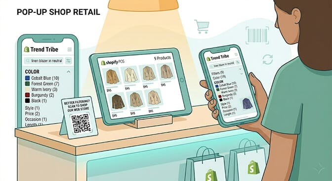 Pop-up shop counter with a QR code on the counter top labeled Scan to browse the full collection with a smartphone showing a pre-filtered mobile collection page in matching brand styling